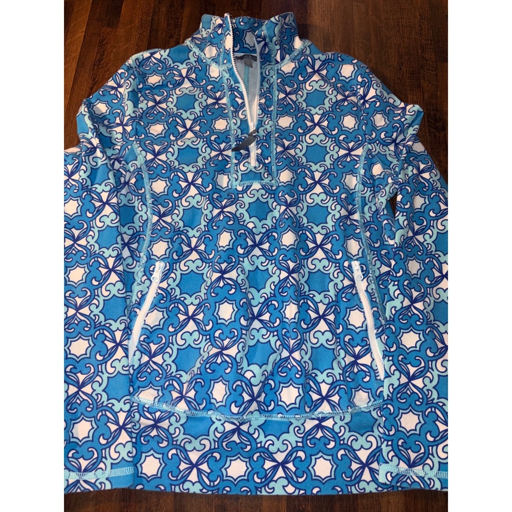 Talbots T by Talbots Womens Blue Geometric Medallion Quarter Zip Pullover Size M